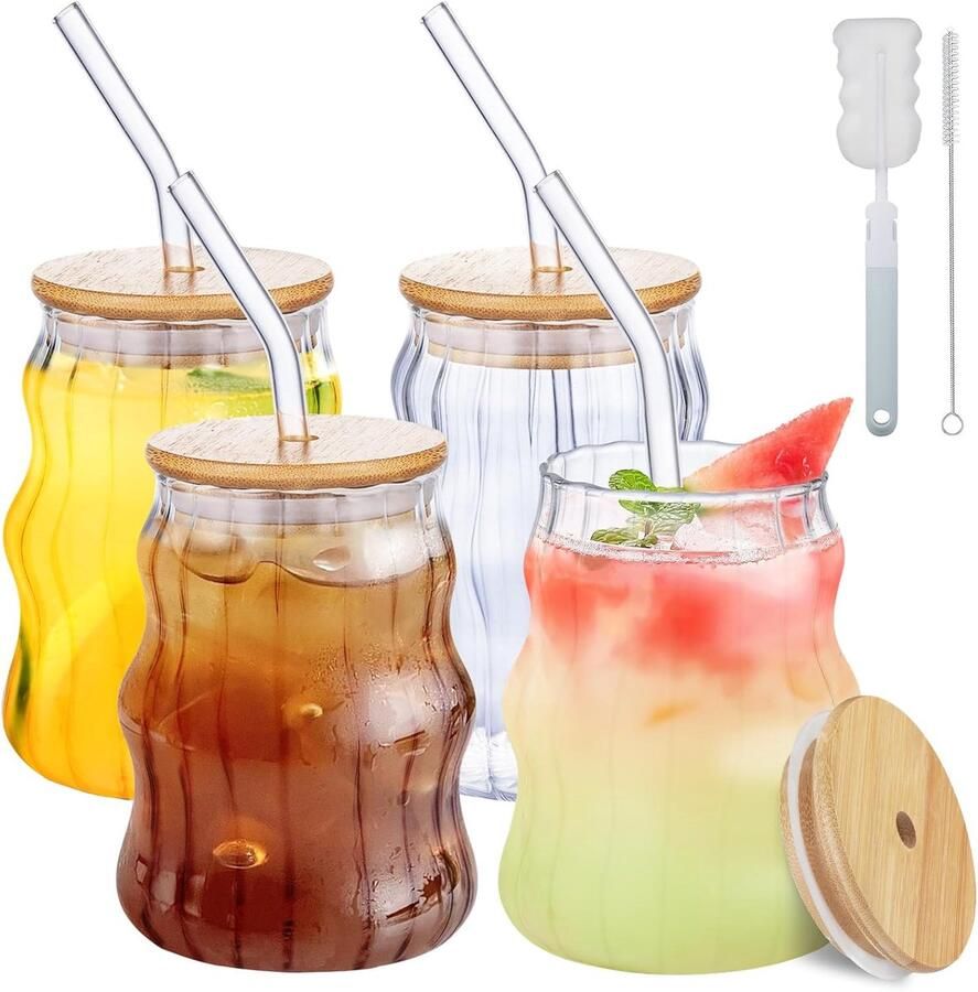 4 stuks drinkglazen met glazen rietjes en bamboe deksels 530ml ijskoffieglazen Wave Tumbler Iced Coffee Cup glazen bekers bierglazen sapglazen voor cocktail melk water frisdrank koffie
