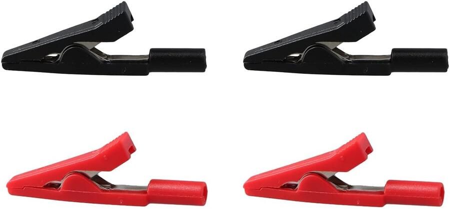 4 stuks geïsoleerde krokodillenklemmen koperen krokodillenklemmen met isolatiehuls geïsoleerde batterijklemmen voor testsondes van 2 mm en bananenaansluitingen (rood + zwart)