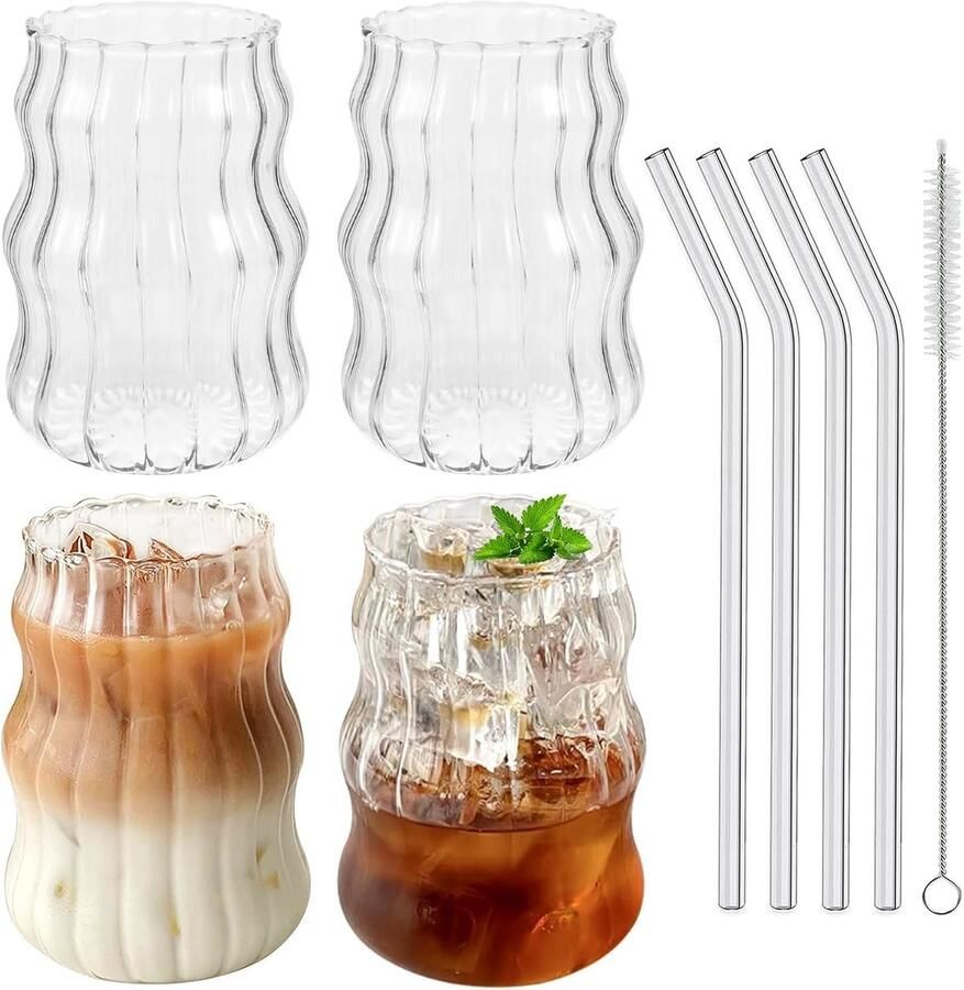4 stuks glazen met rietje 530 ml koffieglazen latte macchiatglas bubbelglas van borosilicaatglas voor espressokopjes cappuccino mojito matcha milkshake drinkglazen