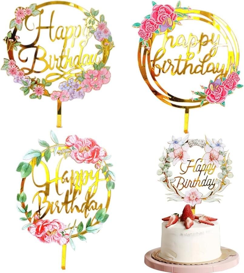 4 stuks gouden bloem acryl taarttoppers voor verjaardag perfect voor verjaardagstaart decoratie en feestviering Happy Birthday-thema
