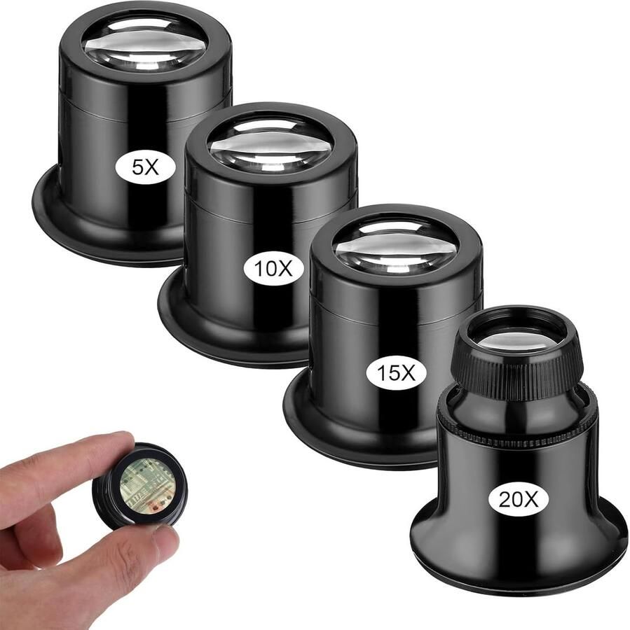 4 stuks juweliersvergrootglas horlogemakersloep 5x 10x 15x 20x glazen lus edelsteenloep juweliersloep oculair draagbaar vergrootglas voor munten diamanten postzegels horloge hobby