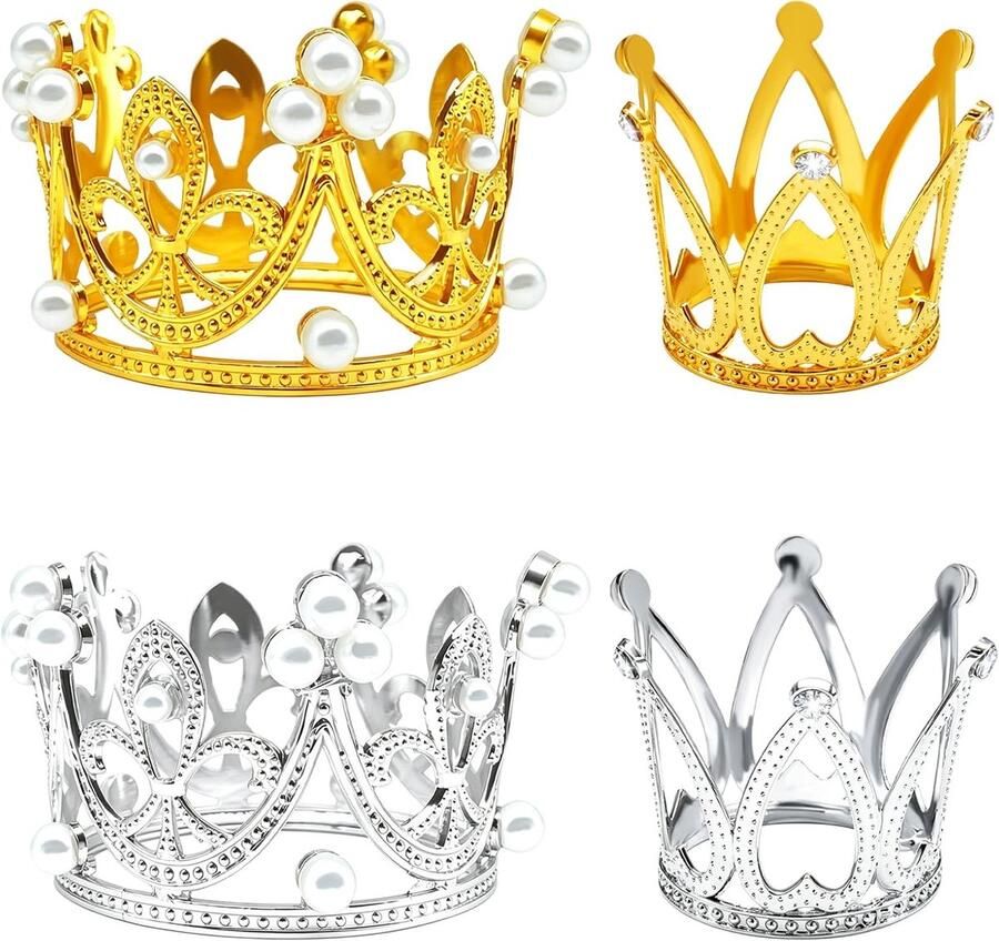 4 stuks kroon taart topper goud zilver kleine kroon koningin mini kroon prinses hoofddeksel mini tiara taart decoratie voor vrouwen dame meisje bruids bruiloft koninklijk thema decor