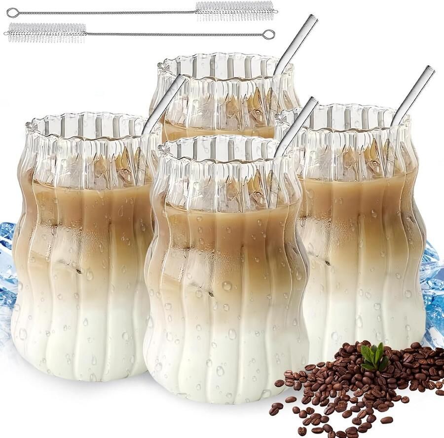 4 stuks latte macchiato-glazen: 500 ml cappuccino koffieglazen set met 4 rietjes en 2 rietborstels theeglazen geribbelde dessertglazen vaatwasmachinebestendig