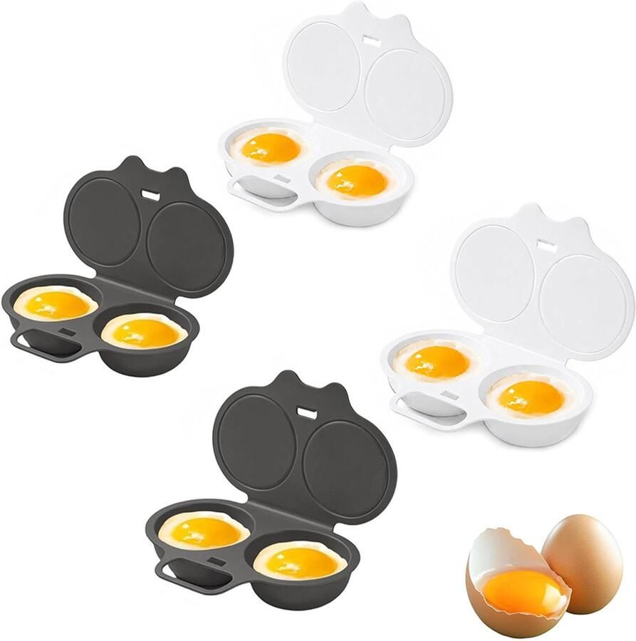 4 Stuks Magnetron Eierkoker Eierstoompan Eierkoker 2 eieren Met 2 Holtes Keukenhulp Snel olievrij koken Voedselveilig PP Keuken accessoire met deksel Egg Poacher Ei pocheerder Keukengereedschap Wit en Donkergrijs