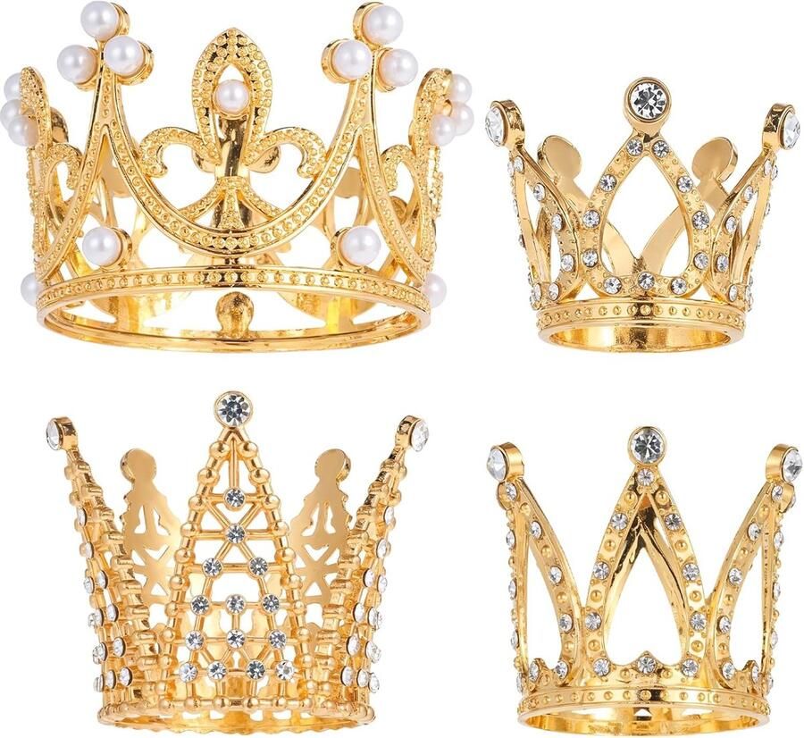 4 stuks mini-kroon gouden kroon taarttoppers herbruikbare metalen taartdecoratie voor meisjes bruiloft koningsthema