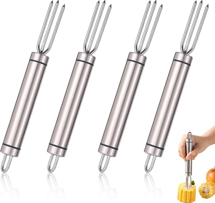 4 stuks pellen-aardappelvorken aardappelvork van roestvrij staal pelaardappelvork met 3 tanden voor pellaardappel of maïskolfhouder van roestvrij staal