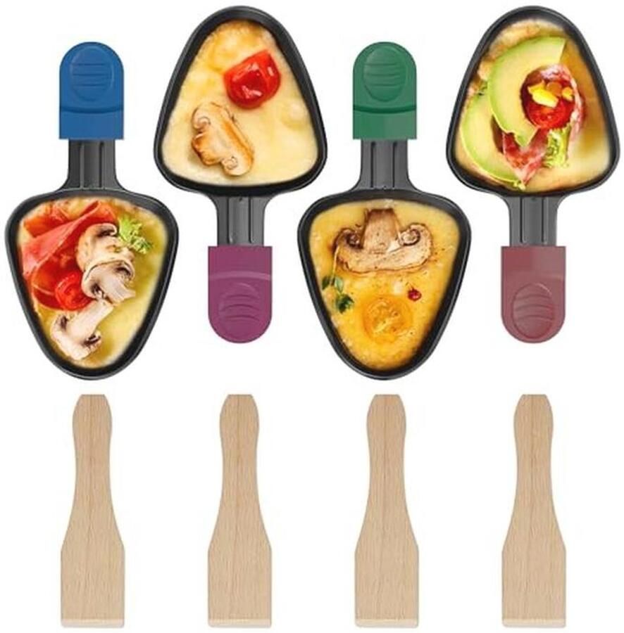 4 Stuks Raclette Pannetjes met Anti-aanbaklaag en Houten Schoppen Driehoekig en Kleurige Handgrepen