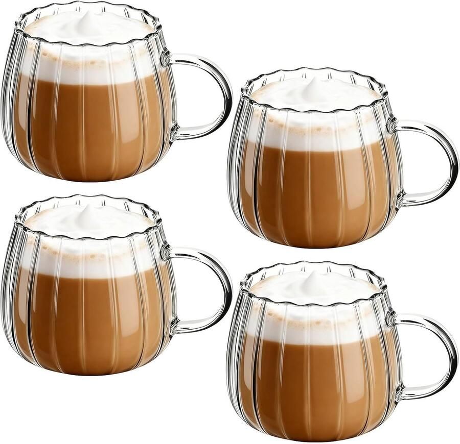 4 stuks ribbelglazen 420 ml ribbelglazen borosilicaatglas koffiekopjes glazen pompoenkopjes vaatwasmachinebestendig design theeglazen koffieglazen stijlvolle pompoenbekers glas voor thee ijs