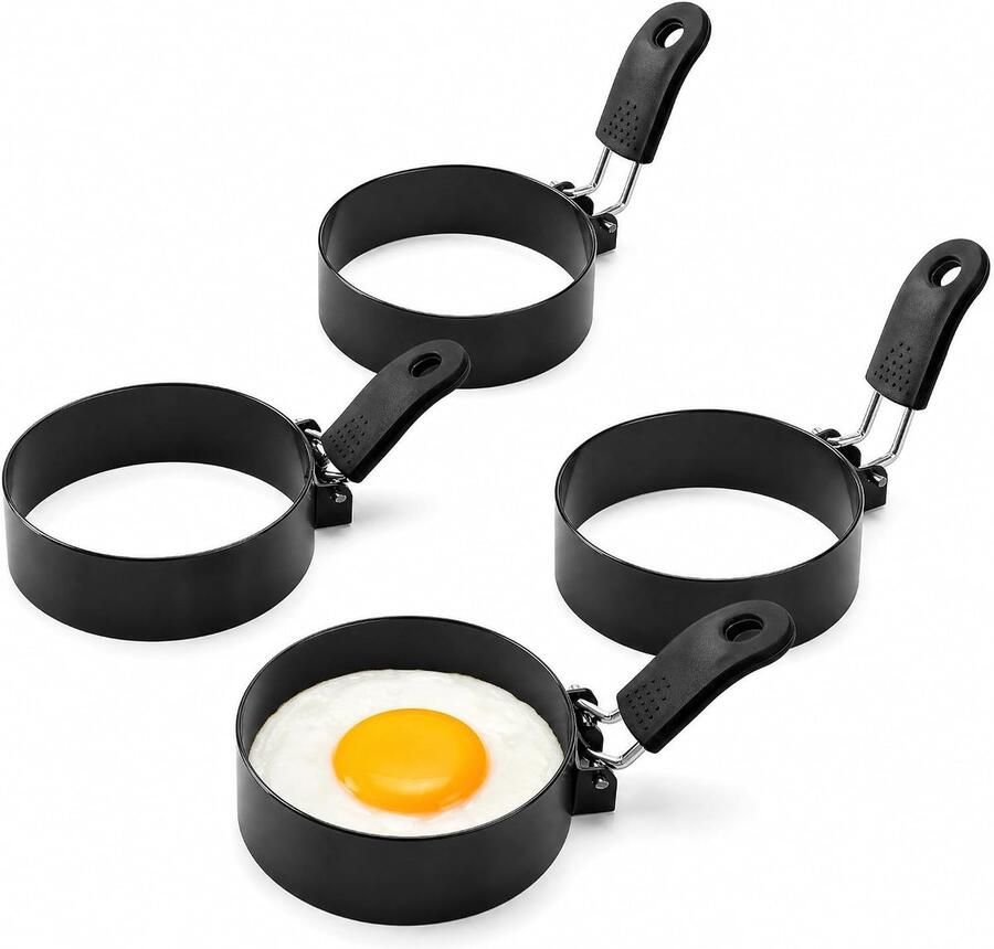 4 stuks spiegeleivormen voor de pan ronde roestvrij staal 430 eierringen met hittebeschermende siliconen handgreep pannenkoekvorm 9 cm binnenin voor eieren omeletten vleespaty huishouden