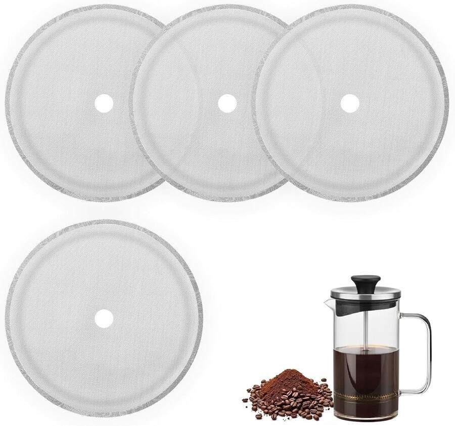 4 Stuks Vervangbare Filterzeef voor Franse Pers RVS Mesh Filter voor 1000ml 8 Kopjes Geschikt voor Koffiemachines Thuis en Op Kantoor