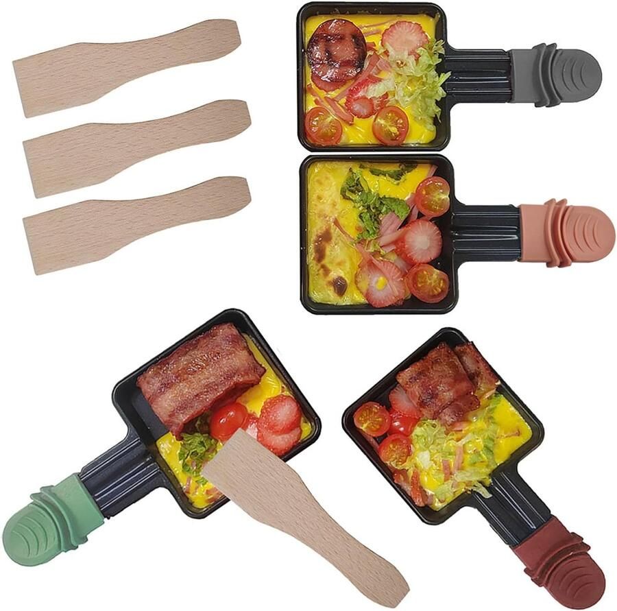Raclette pannetjes Mini grillplaten Gezellig eten Anti-aanbaklaag 4 stuks Gekleurde handvatten