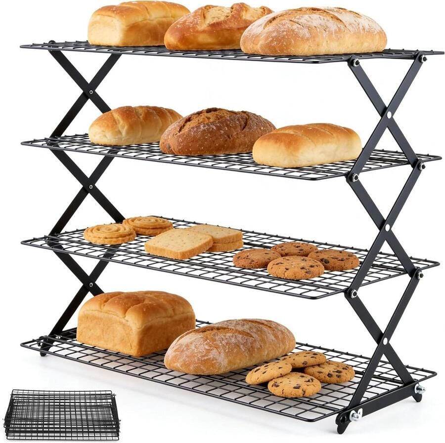 4 Tier Cooling Rack for Baking Collapsible Non-Stick Wire Cake Rack Space Saving Folding Cookie Oven Racks Heavy Duty Kitchen Baking Accessories for Muffin Cookie Pizza (39 x 25cm)