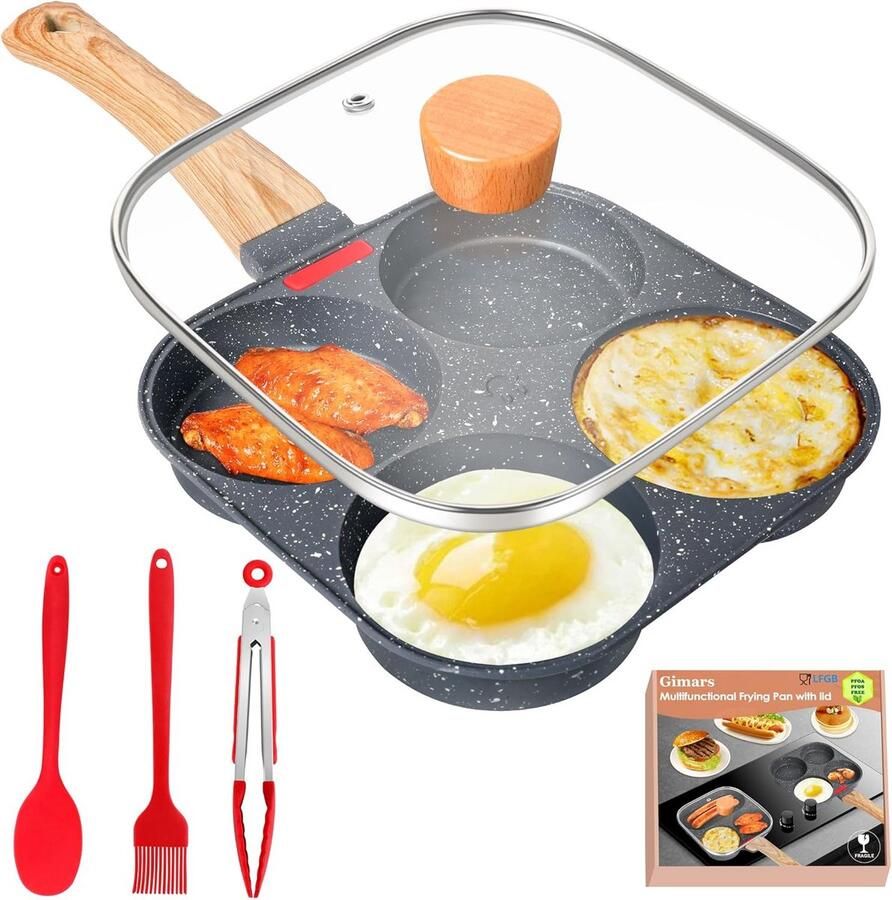 4-Vaks Koekenpan met Deksel Anti-aanbak voor Pannenkoeken Omeletten en Burgers Geschikt voor Inductie en Gas