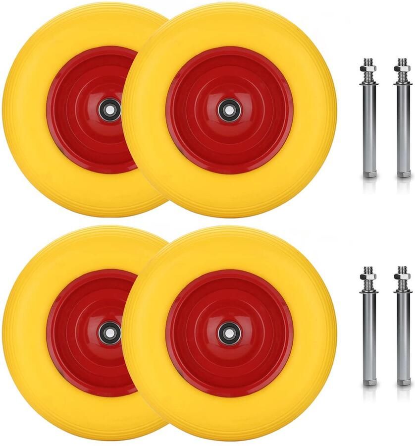 4 x kruiwagenwiel 4.80 4.00-8 massief rubber met as schuifwagenwiel luchtwiel reservewiel rubberen wiel lekbestendig Ø 390 mm 200 kg draagkracht reservewiel 95 mm brede banden voor kruiwagen