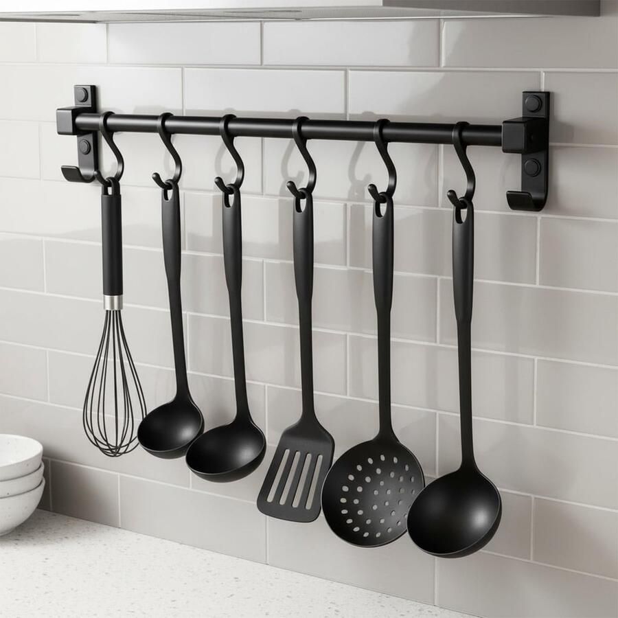 40 cm Keukenhakenrek Multifunctionele Keukengarderobe Zwarte Keukenstaaf met 6 Verplaatsbare Haken Aluminium Keukenstaaf voor Het Opbergen Van Lepels Handdoeken Scharen en Meer