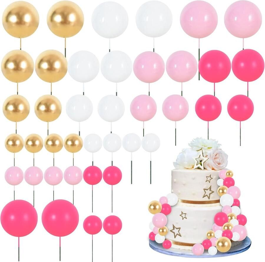 40 stuks Bal Taarttoppers Inlegballen Taartdecoraties Schuimballen DIY Taartversiering voor Verjaardag Valentijnsdag Baby Shower Jubileum en Bruiloft Feest (Heet Roze Wit Goud)