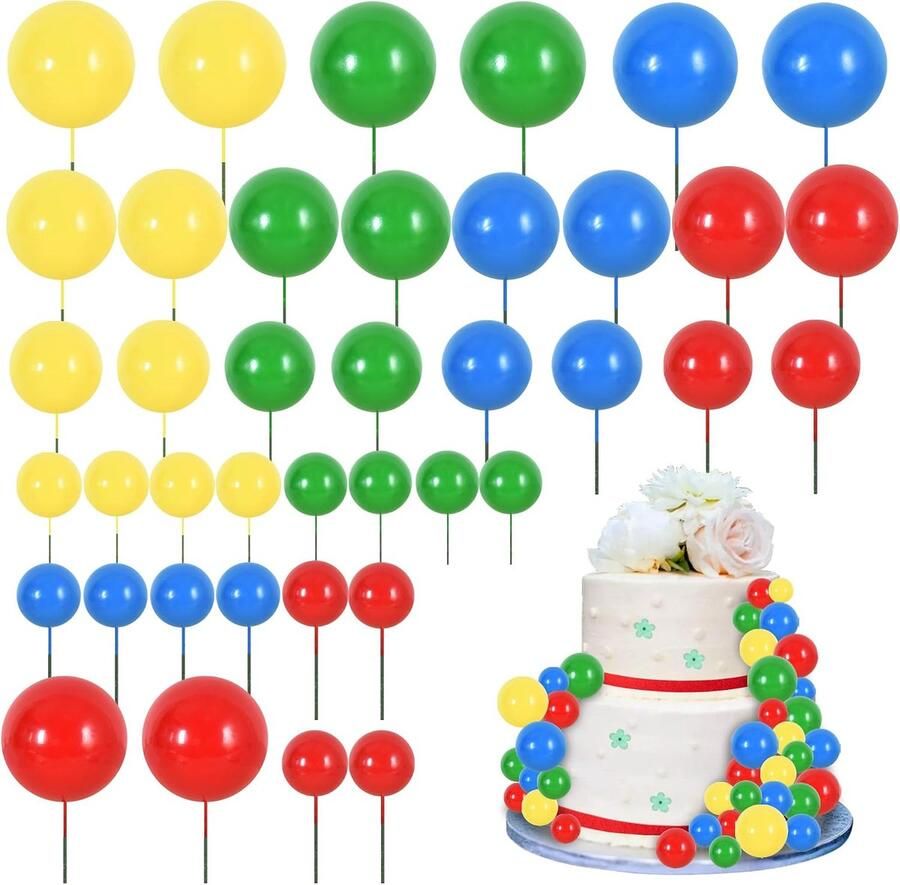 40 stuks Bal Taarttoppers Inlegballen Taartdecoraties Schuimballen Taarttoppers DIY Taartversiering voor Verjaardag Bakken Babyborrel Jubileum en Bruiloft Feest (Rood Blauw Geel Groen)