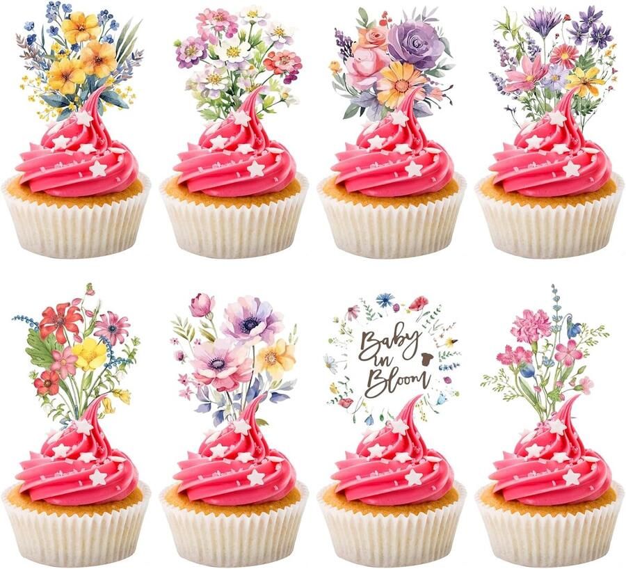 40 stuks cupcake toppers Baby in Bloom Decoratieve Bloemen voor Babyparty Baby Shower en Communie Taartdecoratieset voor Feestdagen en Festiviteiten