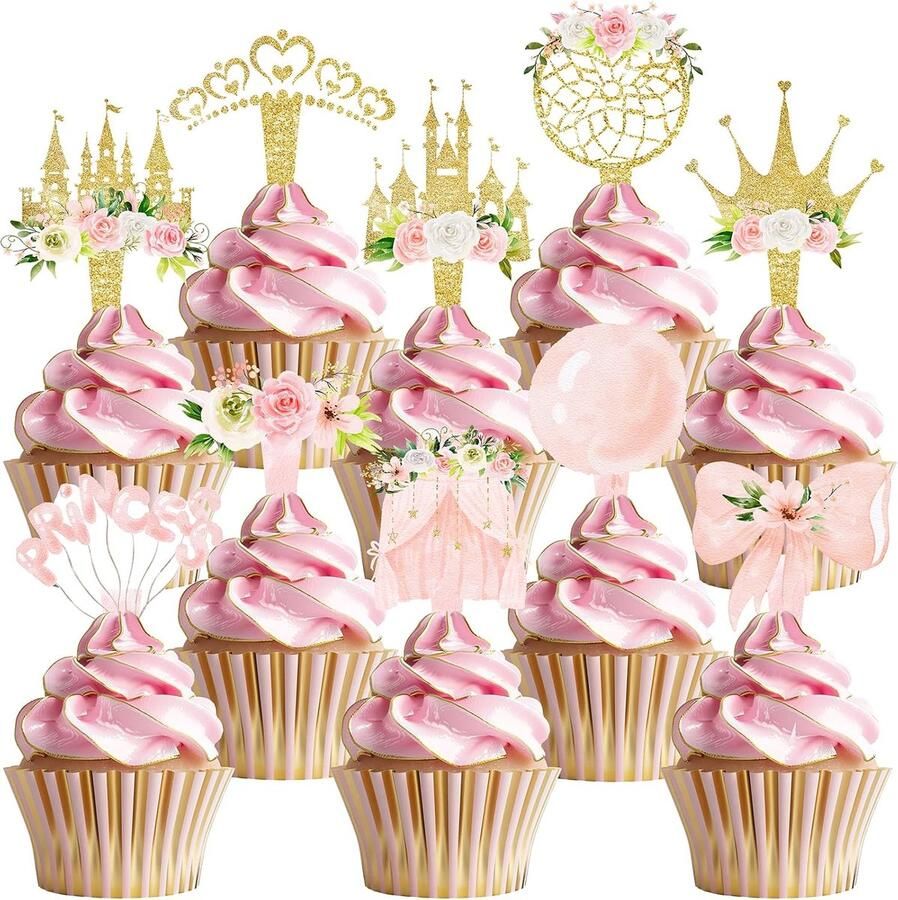 40 stuks Prinzessinnen-Cupcake- motieven Prinzessinnen-Party-Dekorationen en Prinzessinnen-Kuchen-Dekor Perfect voor Prinzessinnen-Geburtstags-Cupcake