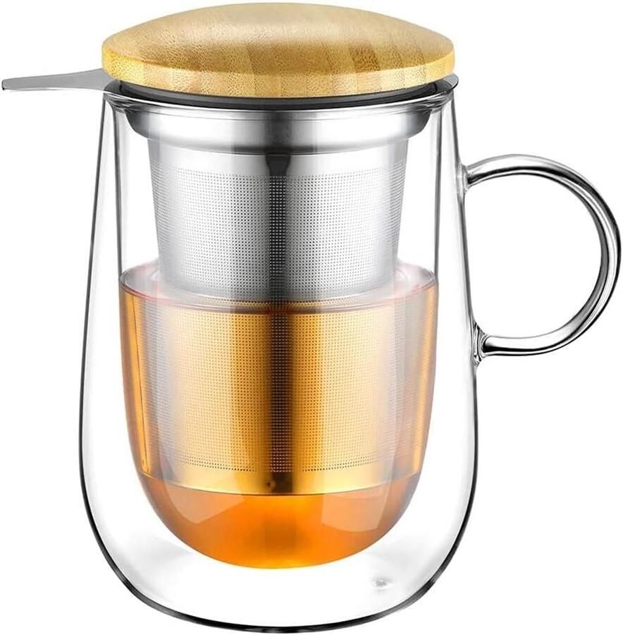 430 ml borosilicaatmokken dubbelwandige glazen theekop met roestvrijstalen filter geschikt voor groene thee zwarte thee theezakjes melk