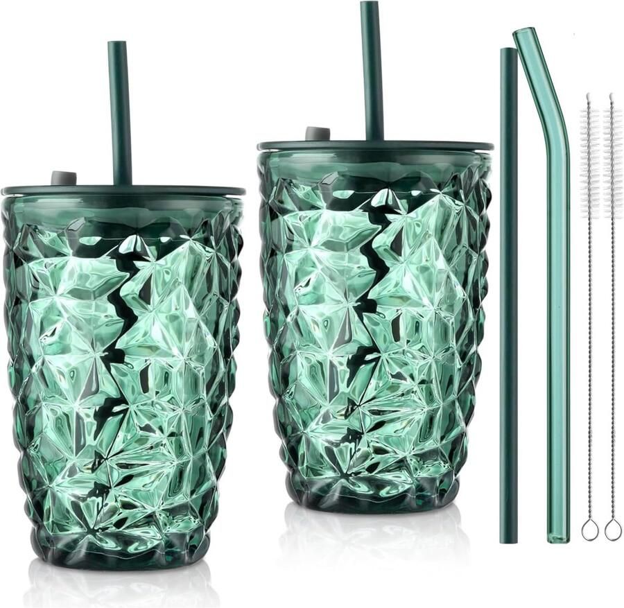 430ml groene drinkbeker met deksel glazen bubbeltheekop drinkglazen diamantontwerp gekleurde ijskoffieglazen kopjes draagbaar smoothiesap boba waterbeker set van 2 vaatwasmachinebestendig