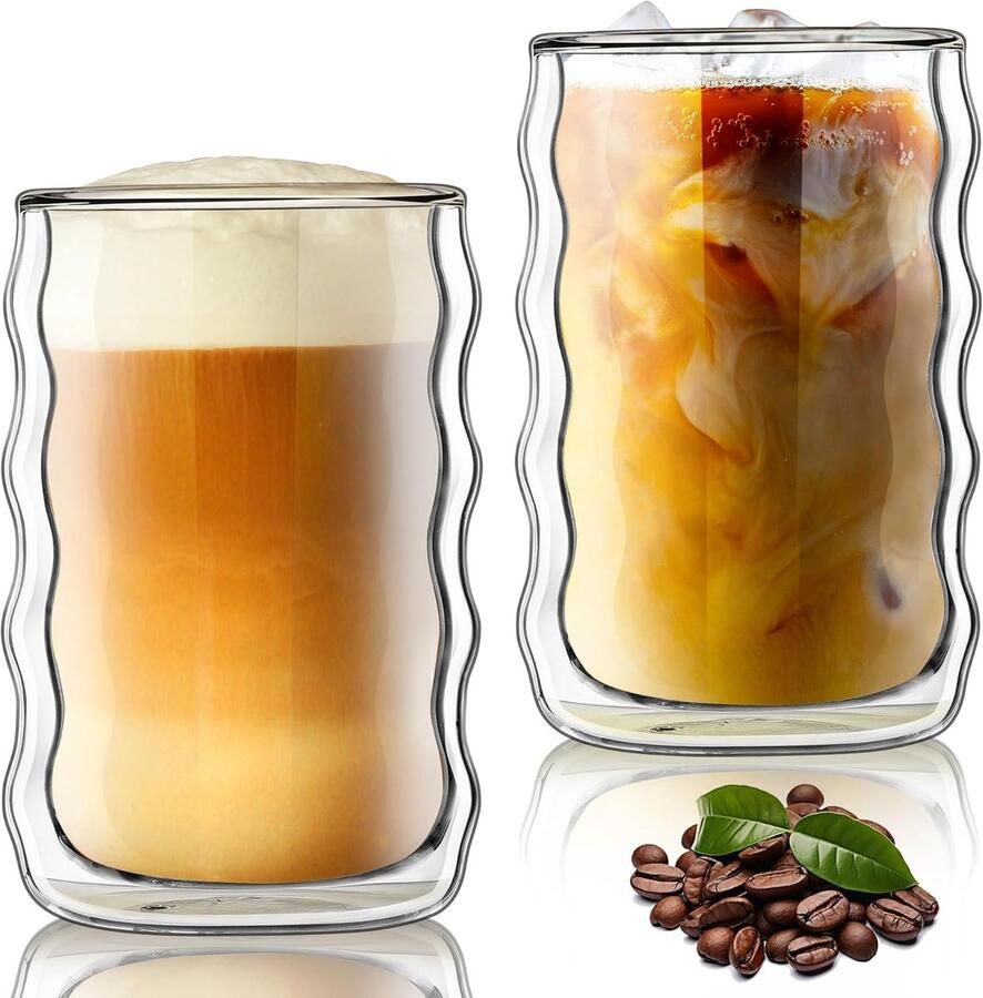 430ml Latte Macchiato Glazen Dubbelwandig 2-delig Set Kristalheldere Thermoglazen van Borosilicaatglas Zweefeest Ideaal als Melk Koffie Kopjes Koffieglazen Theeglazen Glühweinglazen Drinkglazen