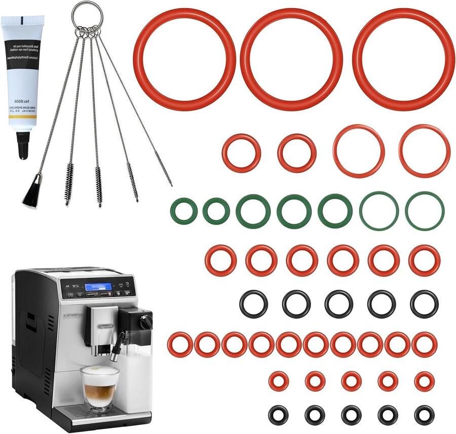 45-delige O-Ring Seal Onderhoudsset voor Volautomatische Koffiemachines Inclusief 10g Silicoonvet en 5 Reinigingsborstels Geschikt voor Delonghi ESAM ECAM ETAM Modellen