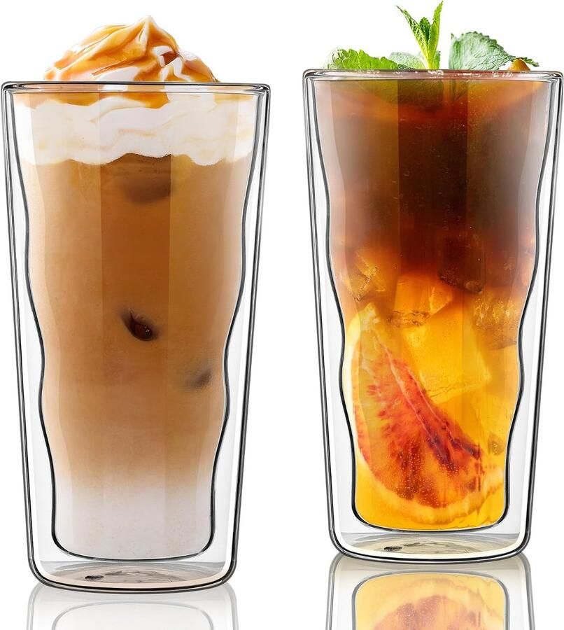 450ml Latte Macchiato Glazen 2-delig Set Hoge Dubbele Wand Koffieglazen Slanke Vorm Thermoglazen Geïsoleerd Borosilicaatglas voor Bier Cappuccino Melk IJsthee IJskoffie Cocktail Smoothie Matcha