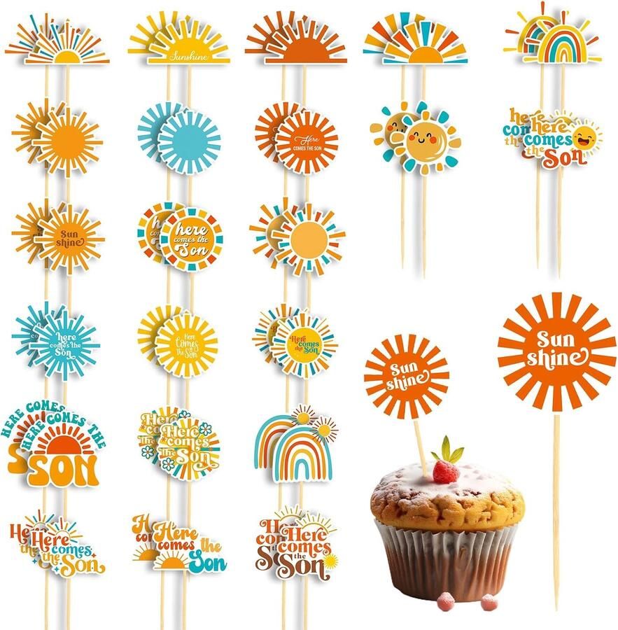 46 Stuks van Here Comes The Sun Cupcake Toppers 23 Patronen Sun Cupcake Toppers Here Comes The Son Cupcake Toppers voor Verjaardagsfeestje met Zonthema Babyshower Feestdecoratie