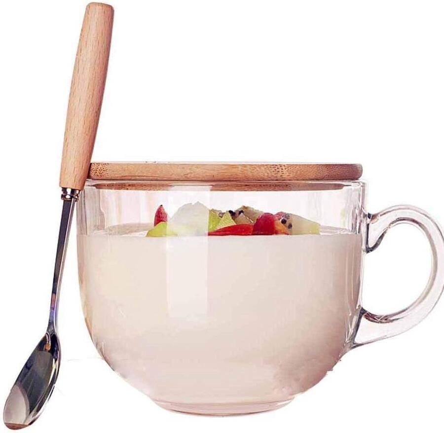 470 ml magnetronbestendige glazen beker met houten deksel inclusief lepel en glazen koffiekop