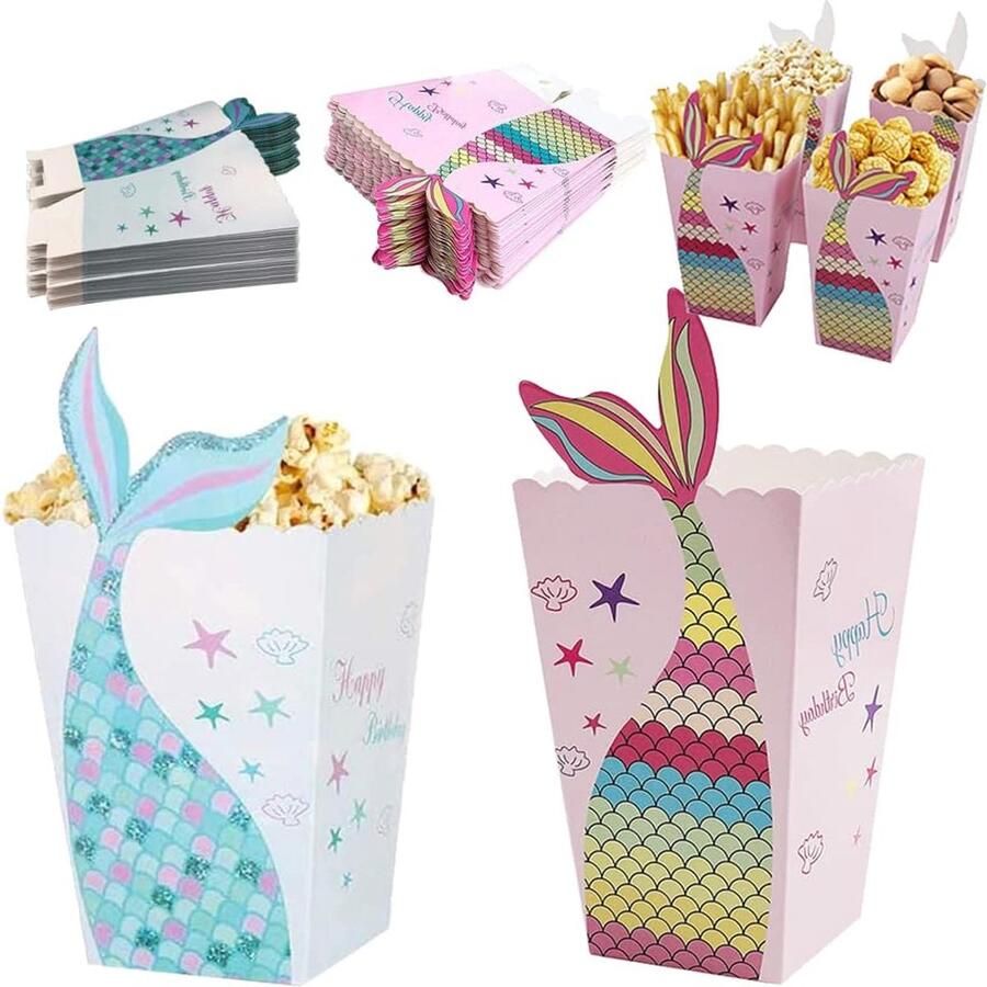 48 Pcs Popcorn Bags Paper Popcorn Favor Boxes Mini Paper Candy Containers Cardboard Candy Containers voor Verjaardagsfeest Snacks Snoep Popcorn (Pink & Blue)