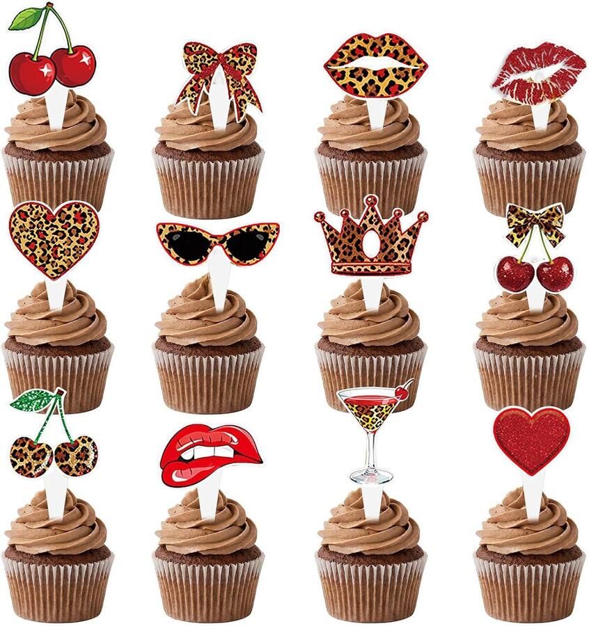 48 Stuks Cupcake Toppers met Luipaardprint Kersen Strikjes en Rode Lippen Verjaardagsdecoratie voor Babyshower en Feest
