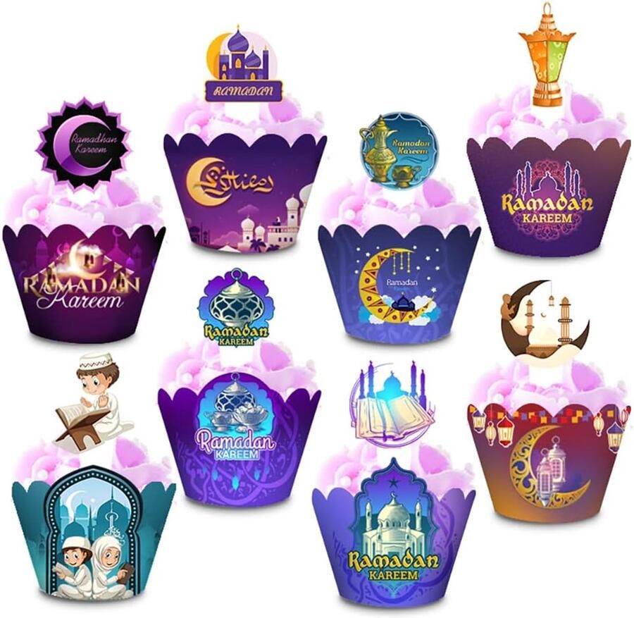48 stuks Ramadan Cupcake Toppers en Wrappers Cupcake Decoratie Eid Mubarak Cupcake Wrappers Picks Liners Leuke Hand Cake Decoraties Benodigdheden voor Islamitische Moslim Party