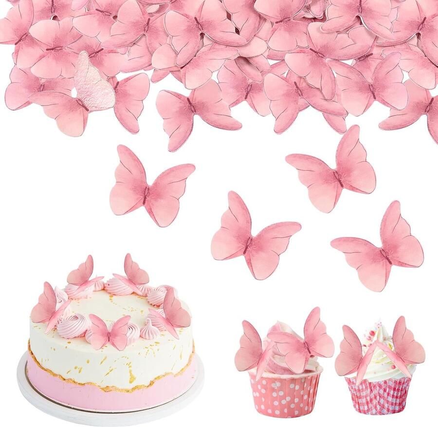 48 stuks roze vlindertaartdecoraties