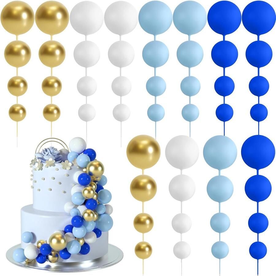 48 stuks taartdecoratie ballen Cake taart ballen decoraties ballon cupcake taartversiering voor verjaardag feest bruiloft babyparty taartdecoratie (Koningsblauw Lichtblauw Wit Goud)