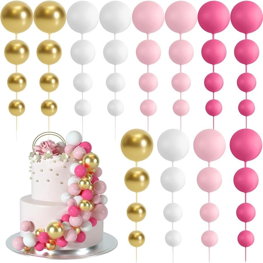 48 stuks taartdecoratie ballen Cake topper keuken ballen decoraties ballon cupcake taartversiering voor verjaardag feest bruiloft babyparty taartdecoratie (rose rood roze wit goud)
