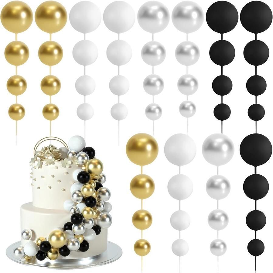 48 stuks taartdecoratie ballen Cake topper keuken ballen decoraties ballon cupcake taartversieringen voor verjaardag feest bruiloft babyparty taartdecoratie (zwart zilver wit goud)