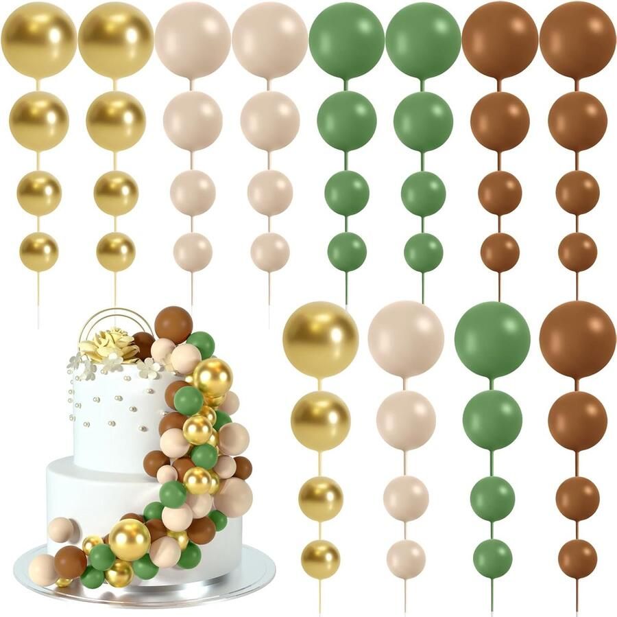 48 stuks taartdecoratie taarttoppers taartdecoratie ballon cupcake taarttoppers voor verjaardag feest bruiloft babyshower taartdecoratie (groen bruin wit goud)