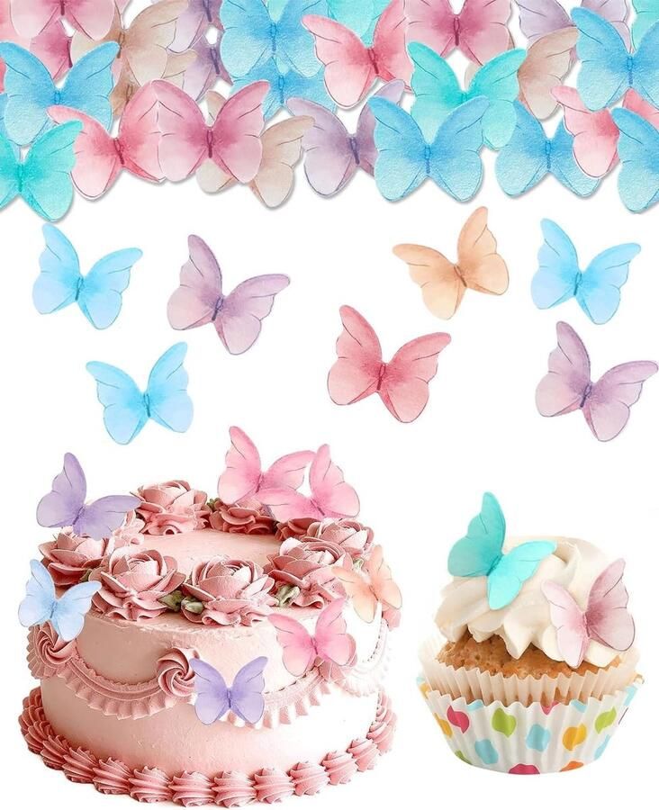 48 stuks vlindertaartdecoraties eetbaar rijstpapier taartdecoratie met doos cupcake-toppers eetbare decoraties voor bruiloft verjaardag doop feest