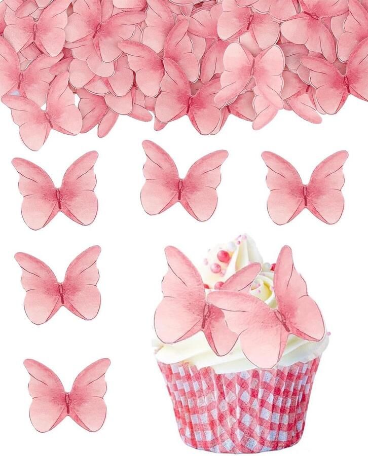 48 stuks vlindertaartdecoraties eetbaar rijstpapier taartdecoratie met doos cupcake-toppers eetbare decoraties voor bruiloft verjaardag doop feest (roze)