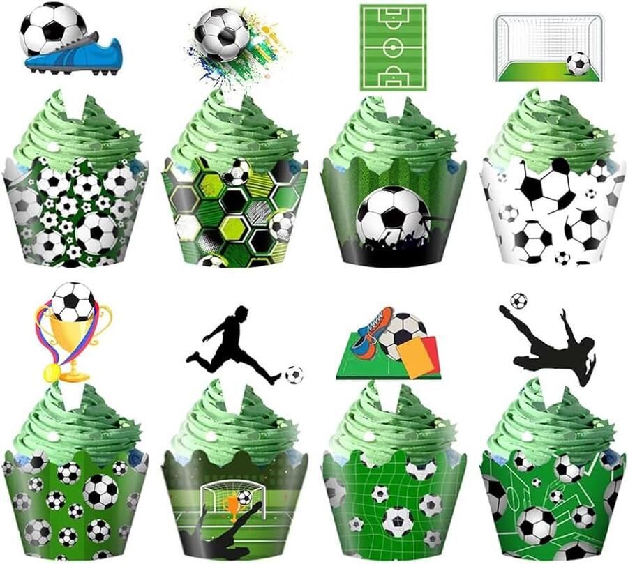 48 Stuks Voetbal Cupcake Toppers en Wrappers Bal en Sportveld Decoraties voor Jongens Meisjes Kinderen Verjaardag en Feestartikelen
