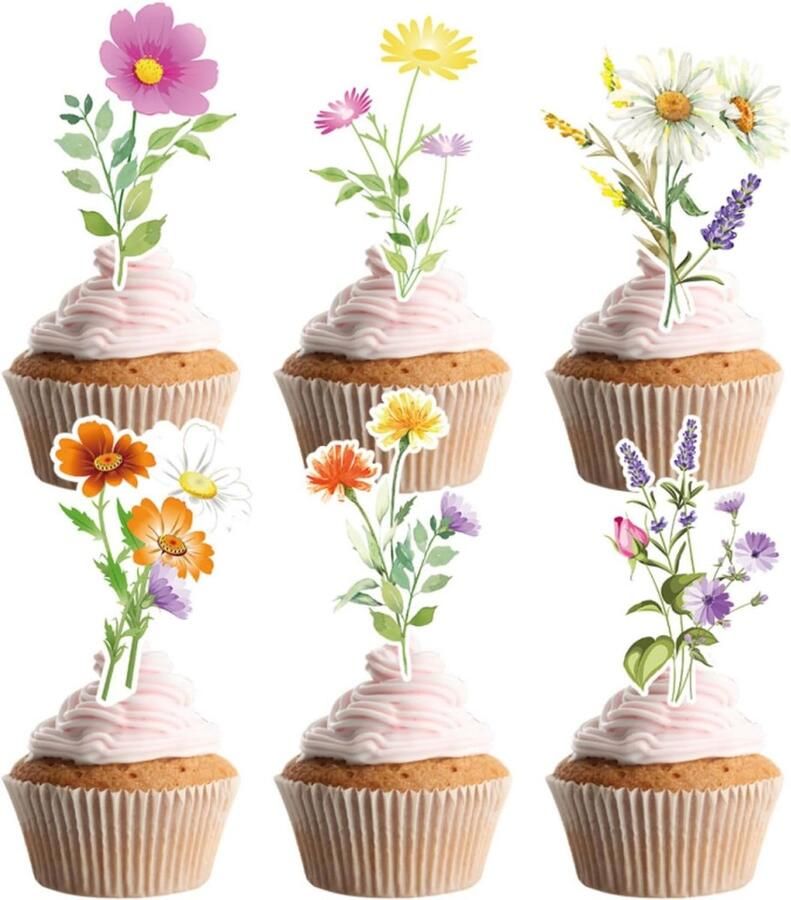 48 stuks wilde bloemen cupcake toppers verjaardagsfeestje babyshower baby in bloei decoratie taart decor bloem taart toppers voor vrouwen bruidsdouche bruiloft feestdecoraties (48 stuks stijl 4)