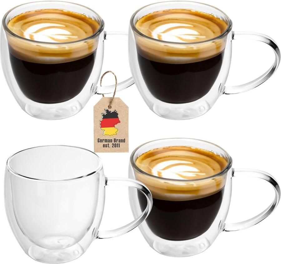 4x dubbelwandige thermo-glazen set -200 250ml- mondgeblazen geïsoleerd voor espresso cappuccino theeglazen koffieglazen latte macchiato kopjes zwevend effect met handvat