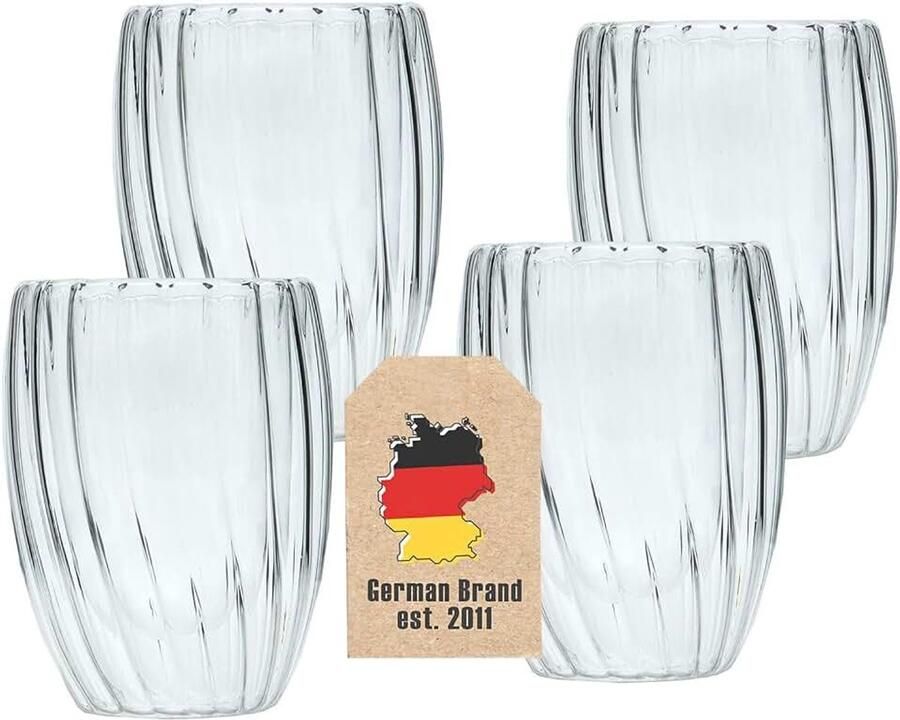 4x dubbelwandige thermoglazen -Striped Style- 210 ml inhoud bekerset 2 stuks- zwevend effect mondgeblazen geïsoleerd voor cappuccino latte hittebestendig thee koffie glas zonder handvat