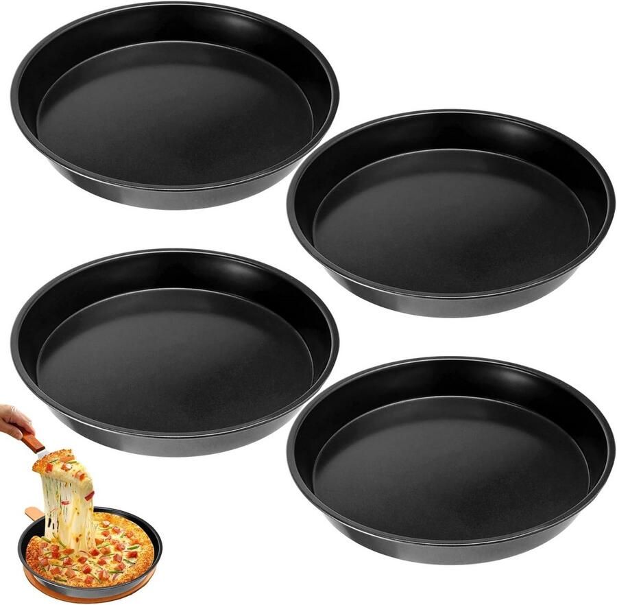 Set van 4 ronde bakplaten met anti-aanbaklaag ideaal voor pizza's en taarten 28 cm zwart carbonstaal