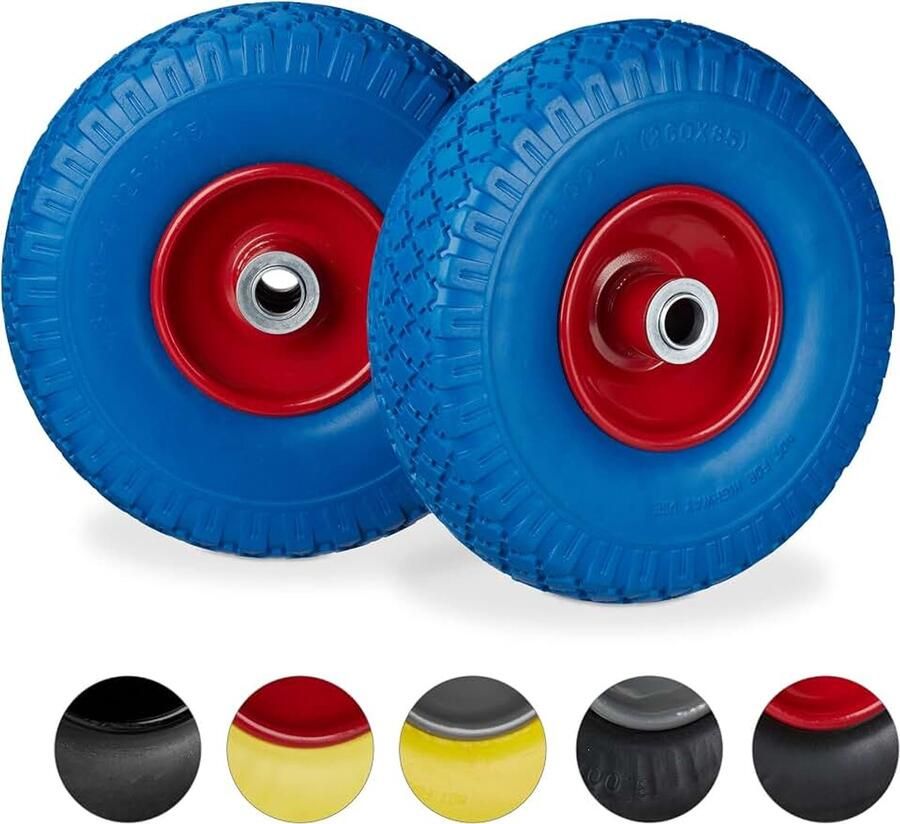 4x steekwagenwiel 3.00-4 100 kg draaglast stalen velg as met diameter 20 mm 260 x 85 mm blauw-rood