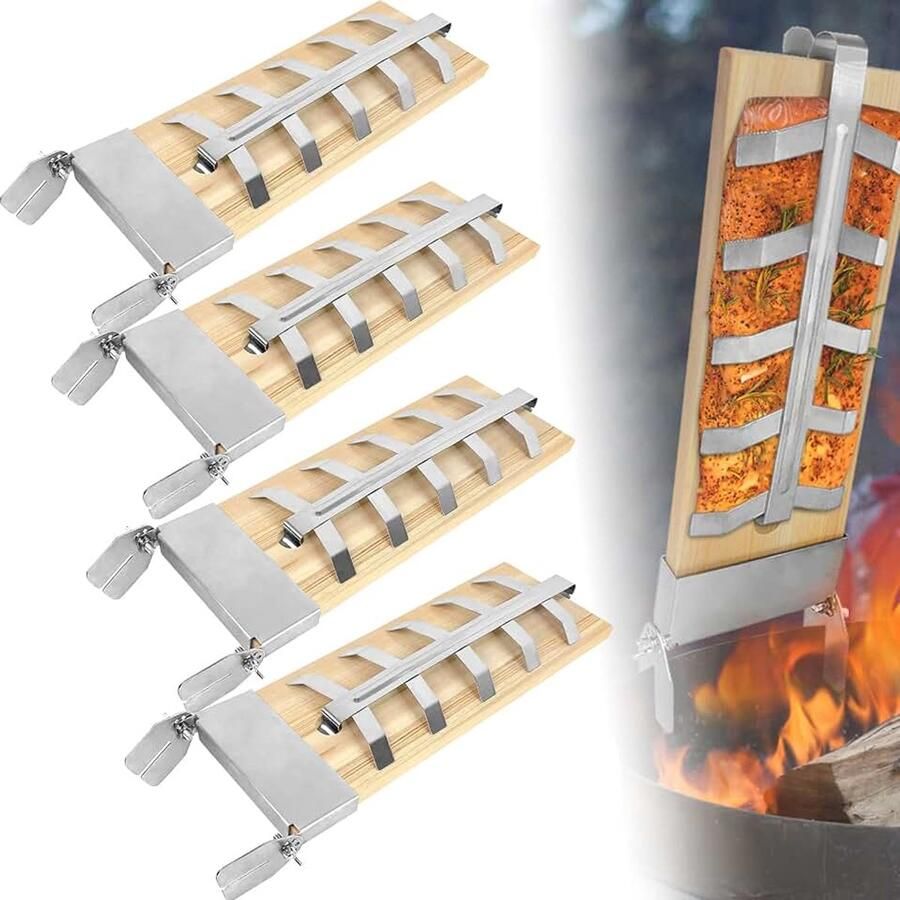 4X Zalmplank met Roestvrijstalen Standaard Verstelbare hoek Extra dikke cederhouten Rookplank Grillplank vlamzalmplanken voor barbecues en vuurkorven