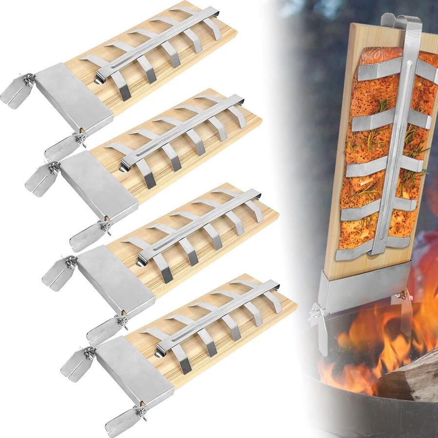 4X Zalmplank met Roestvrijstalen Standaard Verstelbare hoek Extra dikke cederhouten Rookplank Grillplank vlamzalmplanken voor barbecues en vuurkorven
