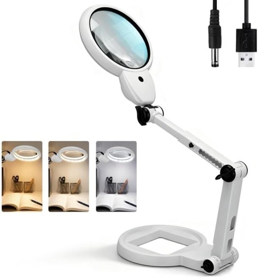 4X 1.7X Vergrootglas met Licht op Standaard Loeplamp 18 LED Oplaadbaar USB Vergrootglas met LED Verlichting Plooibaar voor Lezen Knutselen Diamantschilderen Reparatie