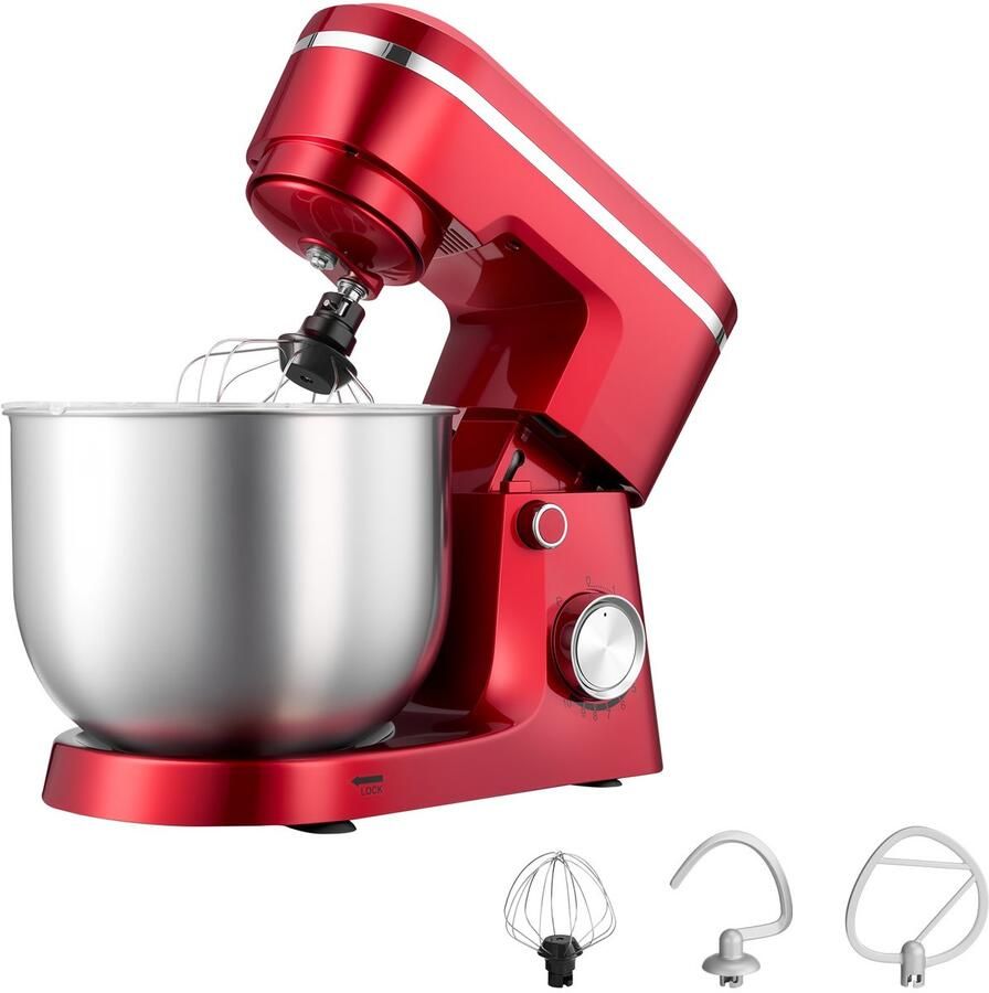 5 7 L Elektrische Standmixer 1500W Keukenapparaat met 10 Instelbare Snelheden Kantelbaar Kopontwerp Roestvrijstalen Kom Deeghaak Garde en Klopper voor Bakken Mixen Kloppen en Kneden Zilver